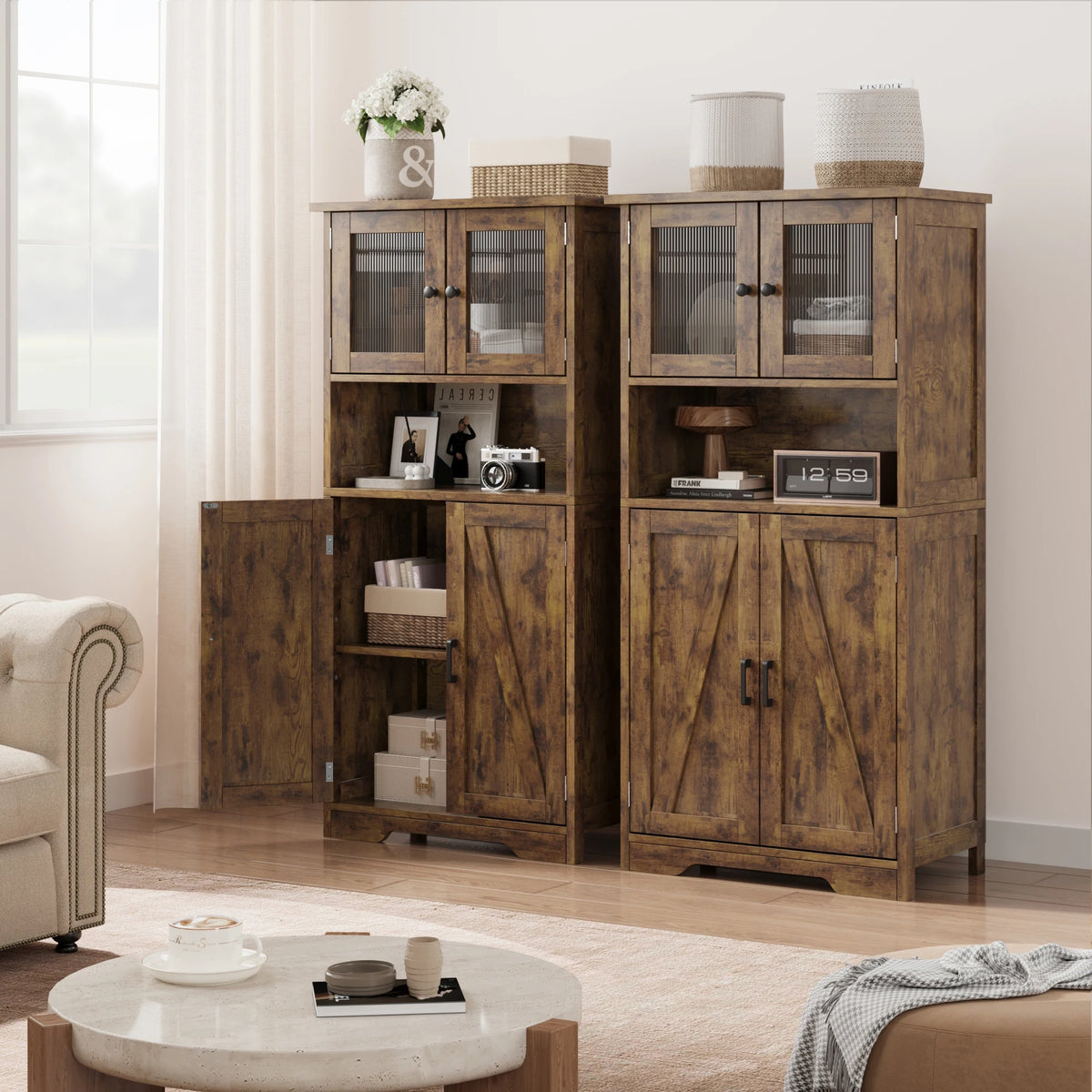 54 Inch Tall Kitchen Pantry Cabinet with Glass Doors and Adjustable Shelves | Freestanding Cupboard for Kitchen Living Room