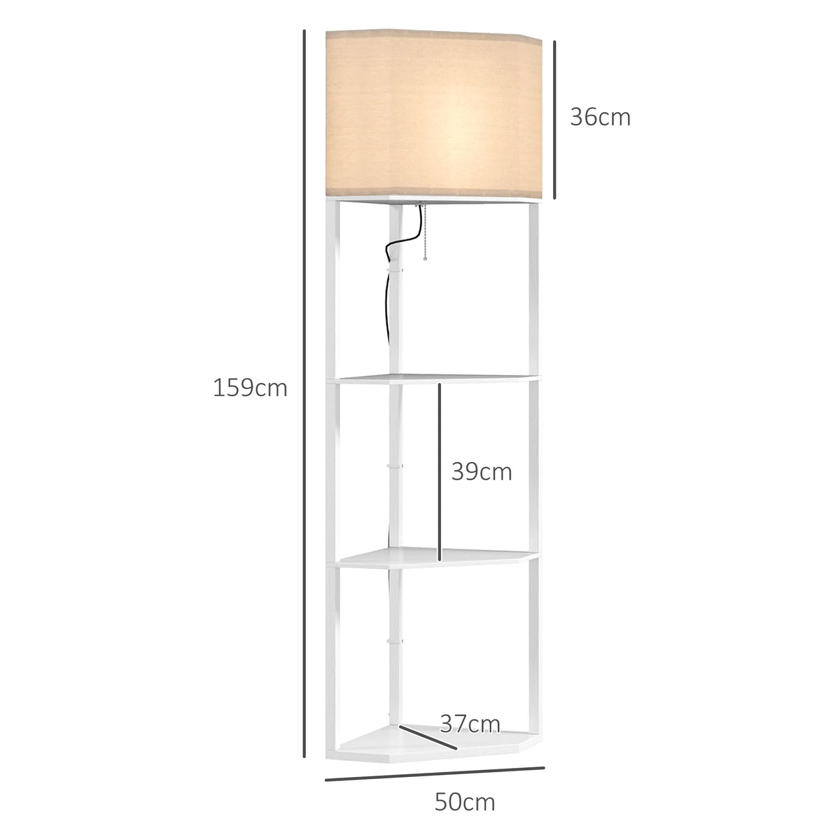Corner Floor Lamp with 3 Shelves and Pull Chain, White