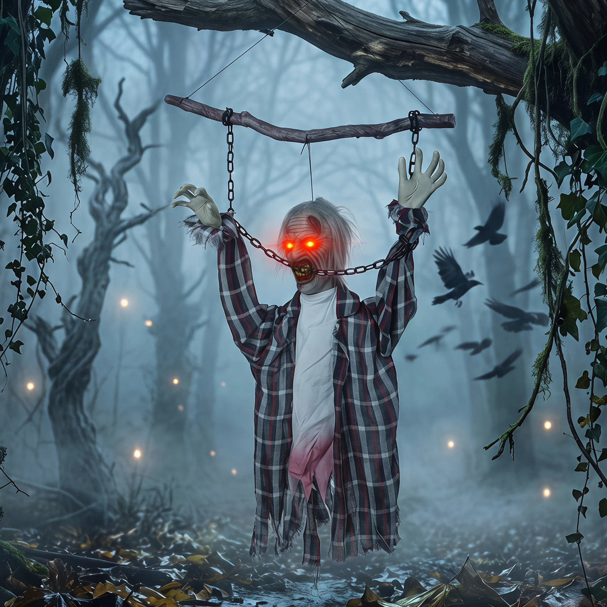 Chained skeletal arms on a half body zombie Halloween prop