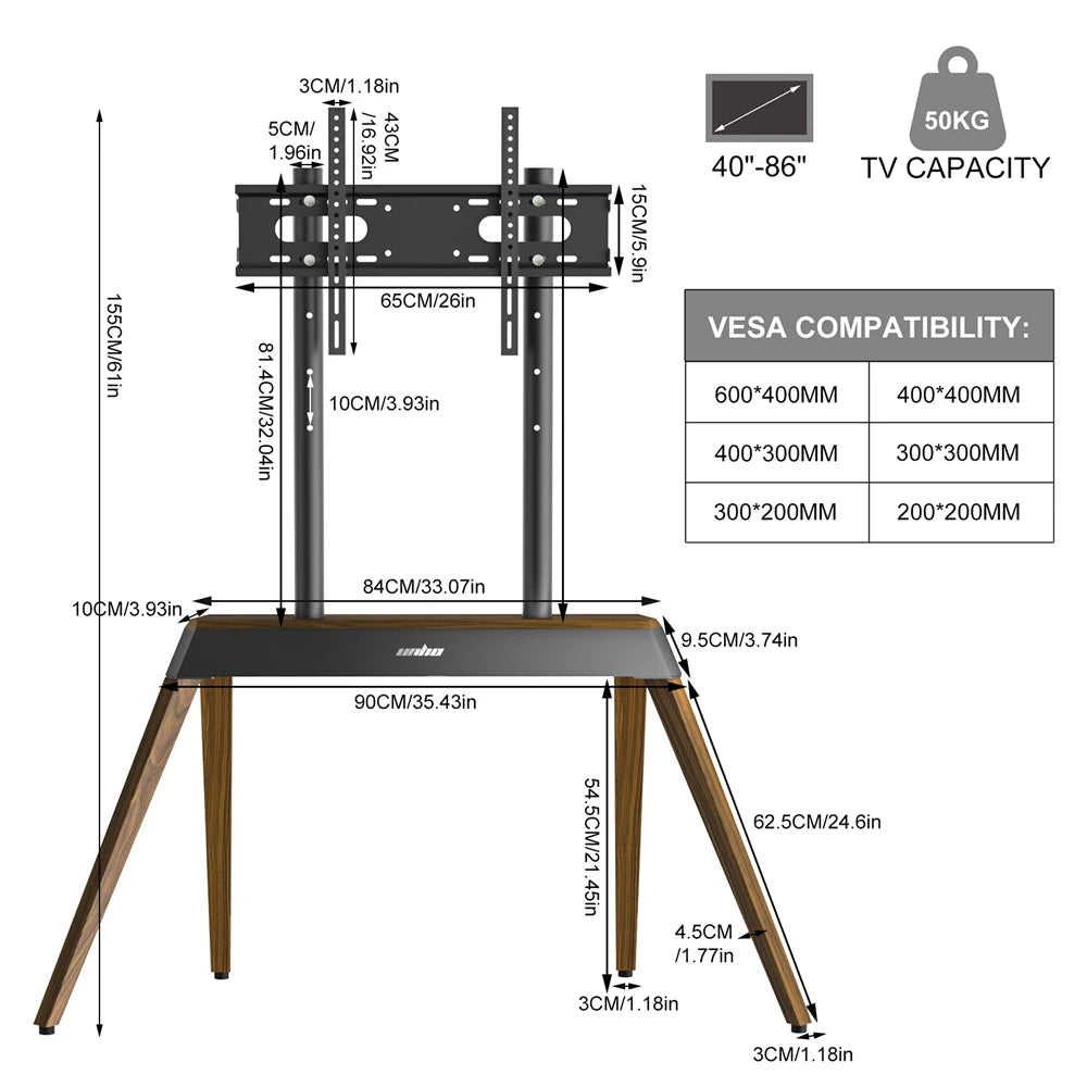 Height Adjustable Heavy Duty TV Floor Stand for 40-86 Inch TVs, 160-190cm, 50kg Capacity