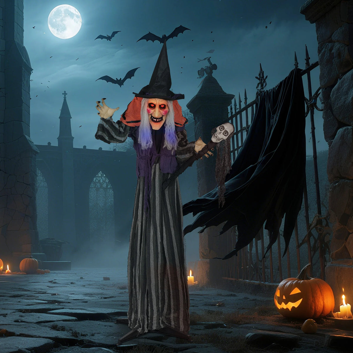 160cm witch prop shown in a hallway display