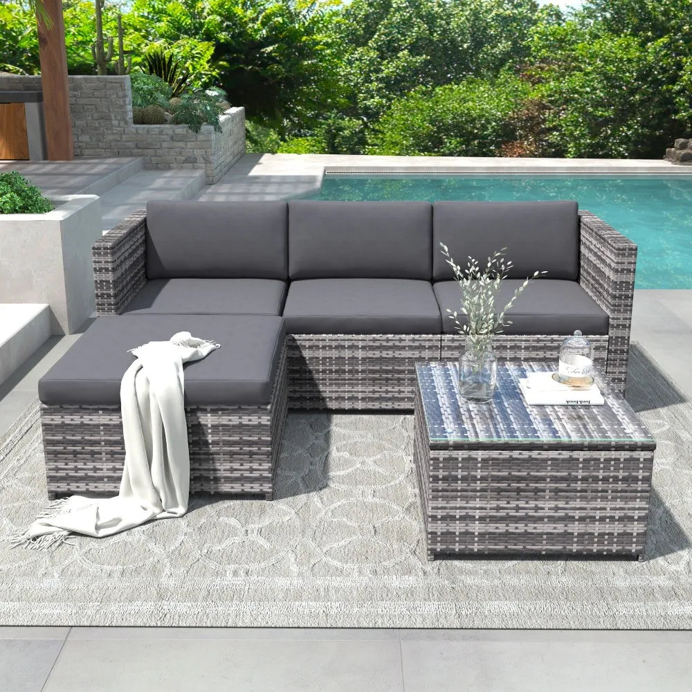 3-Piece Rattan Garden Corner Sofa Set with Glass-Top Coffee Table, Grey