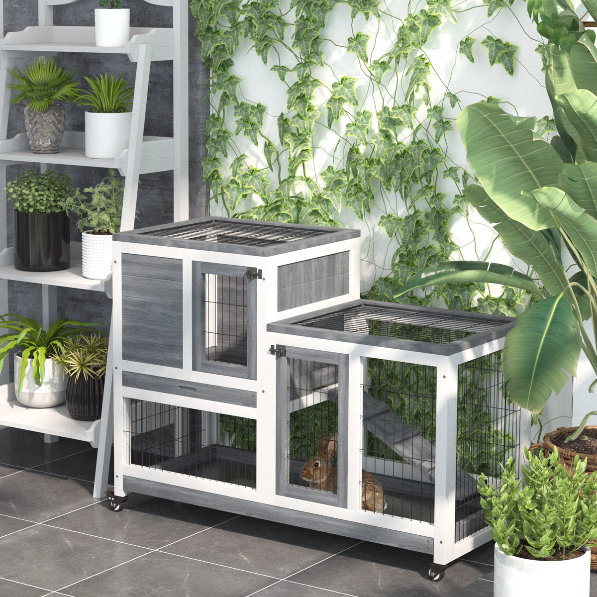 Indoor Rabbit Hutch Elevated 2 Tier Bunny Cage with Enclosed Run Ramp 4 Wheels and Removable Trays