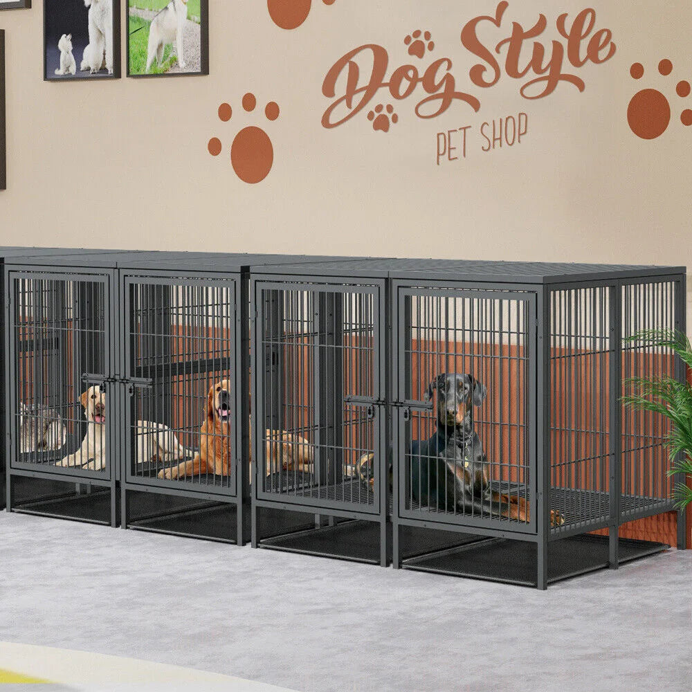 BORWART Heavy Duty Large Dog Crate 130.5x100x100cm Removable Divider Metal Cage for 2 Dogs 150kg
