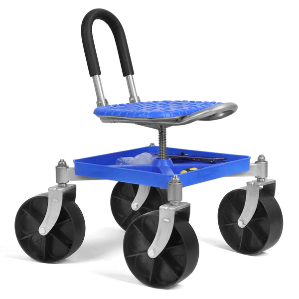 Adjustable Height Garden Rolling Seat 51-61cm 360° Swivel 150kg Carbon Steel with Tool Tray for Gardening Work