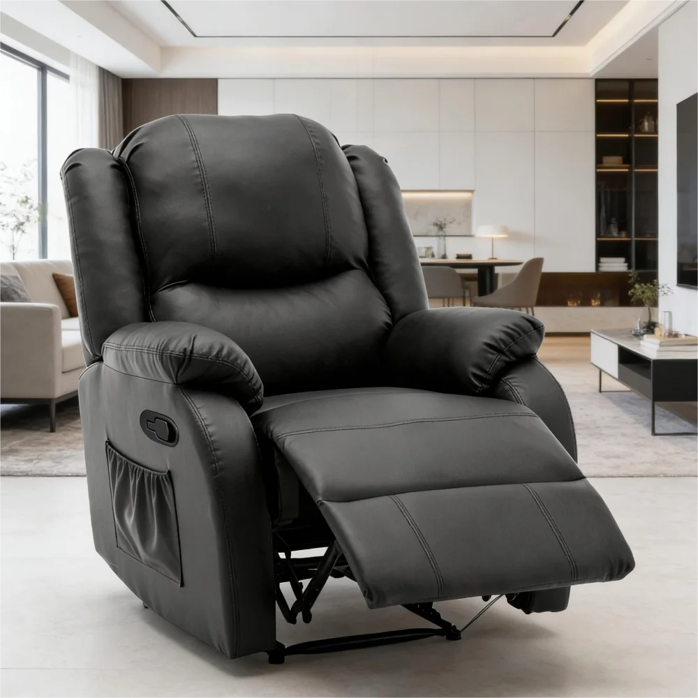 Black PU Leather Recliner Chair with Adjustable Backrest and Footrest | Single Sofa Lounge Armchair for Living Room