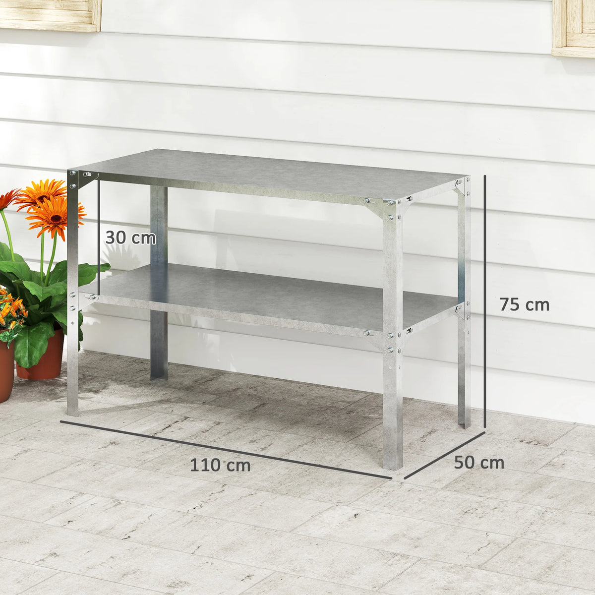 2 Tier Potting Bench Table, Galvanised Steel Planting Work Bench, Silver Tone