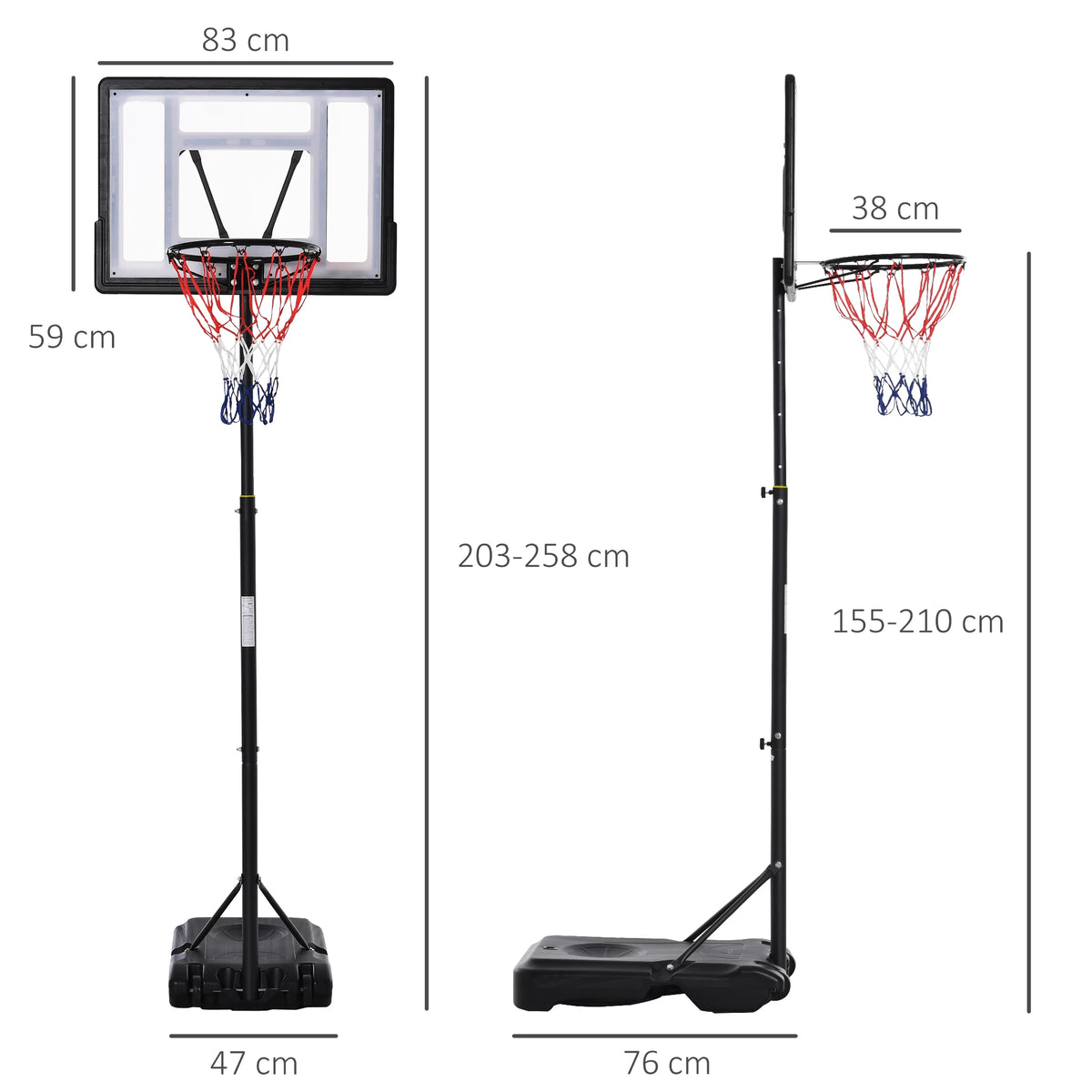 Height Adjustable Basketball Hoop, Freestanding with Fillable Base and Wheels