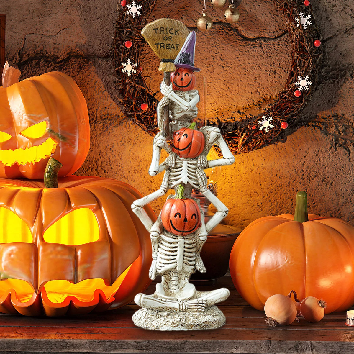 Halloween Skeleton with Stacked Pumpkins Resin Ornament, 32cm