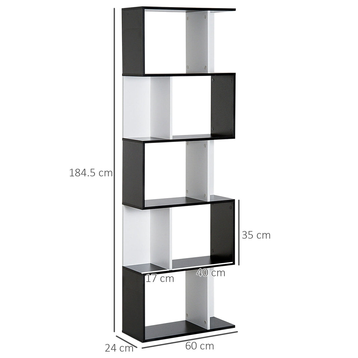 5 Tier S Shape Bookcase Open Back Shelving Unit Doubles as Room Divider Particle Board Black