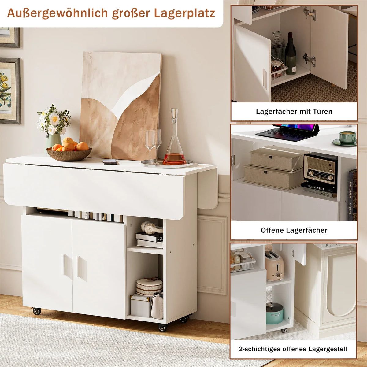 Folding Dining Table on Wheels with Cabinet and Open Shelf | 100cm Mobile Multipurpose Table in White