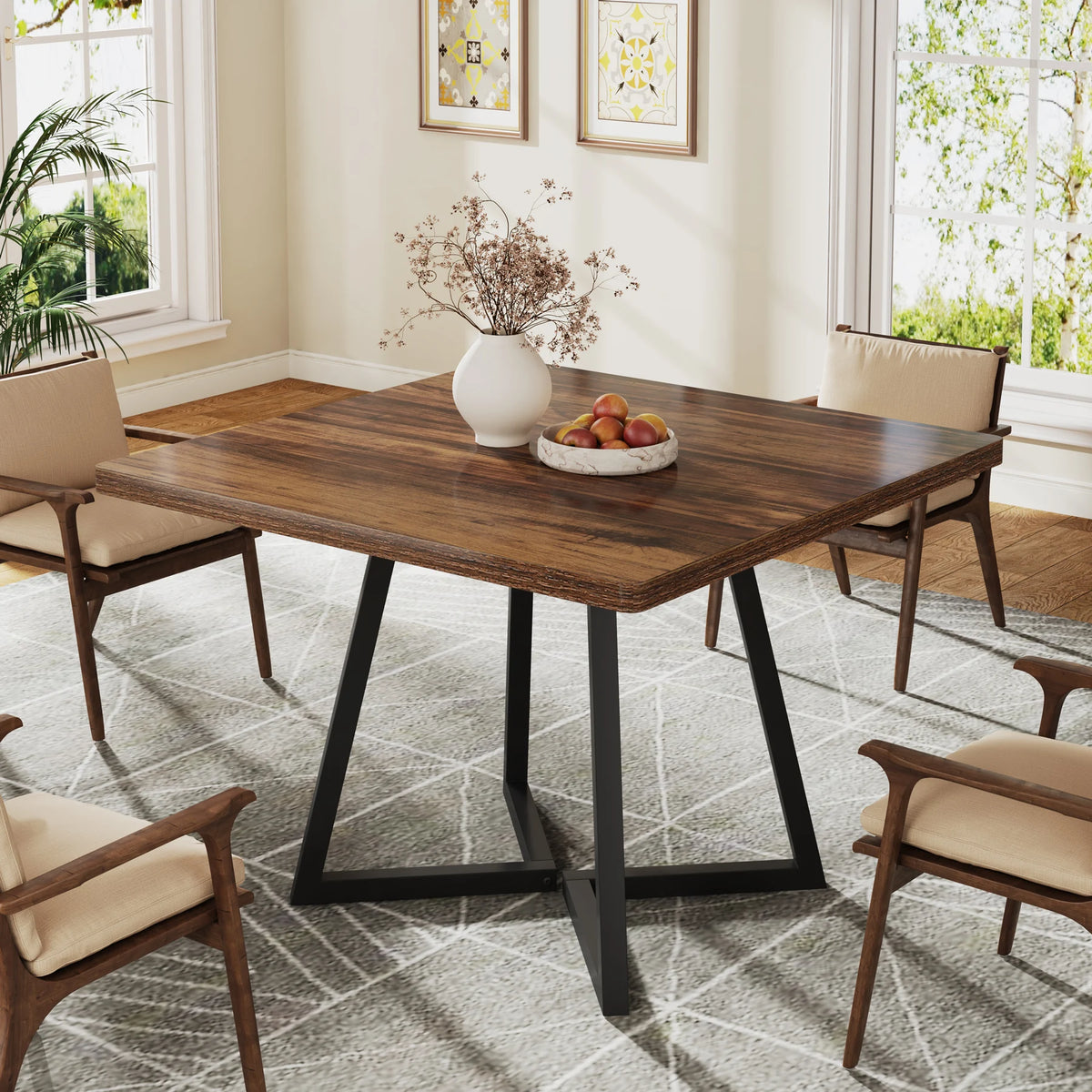 Square Dining Table for 4 Industrial Wood Kitchen Table with Metal Base