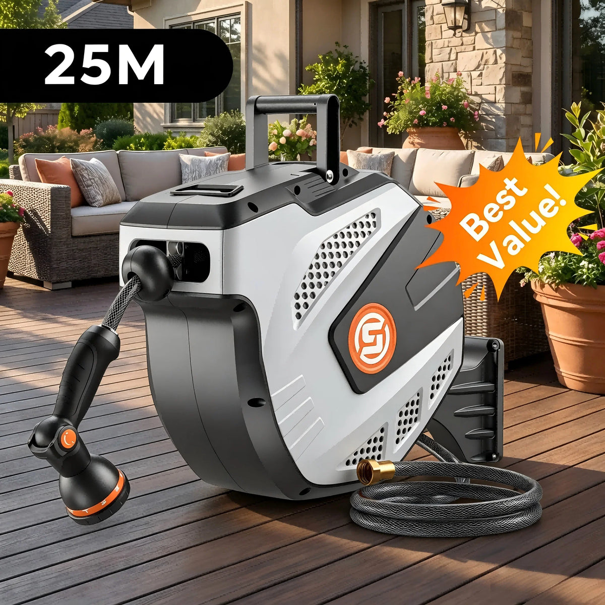 Self Retracting Hose Reel 10-35m Wall Mount Automatic Rewind 10 Function Nozzle 180° Swivel for Garden Car