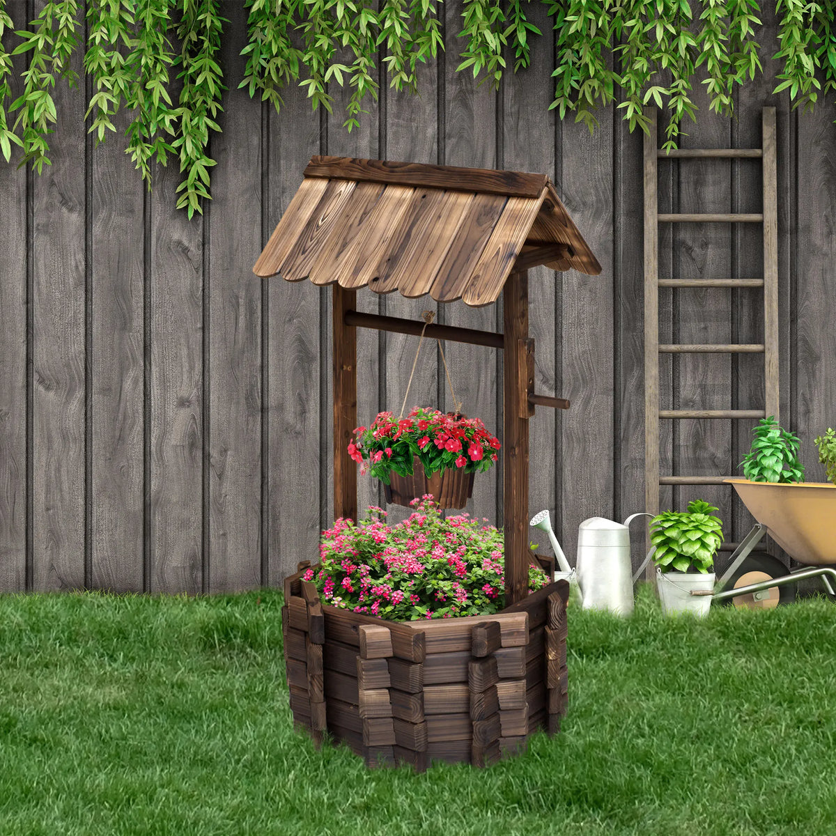 Wooden Wishing Well Garden Planter with Hanging Bucket