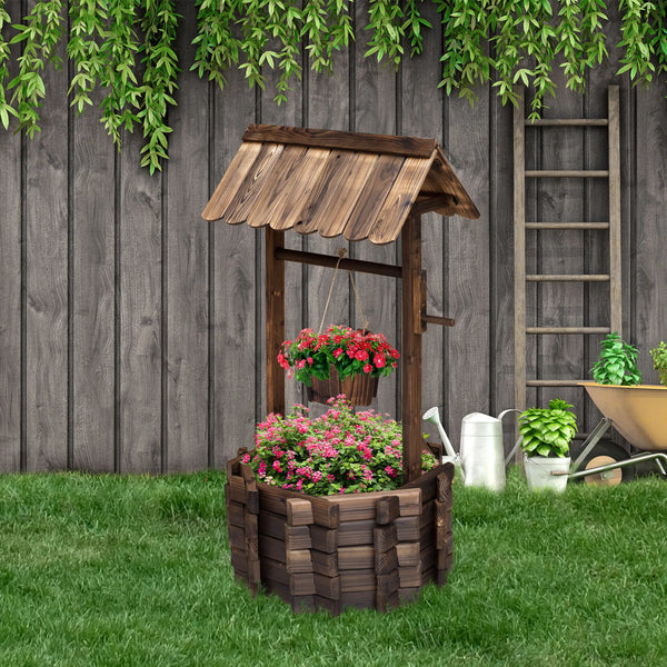Wooden Wishing Well Garden Planter with Hanging Bucket
