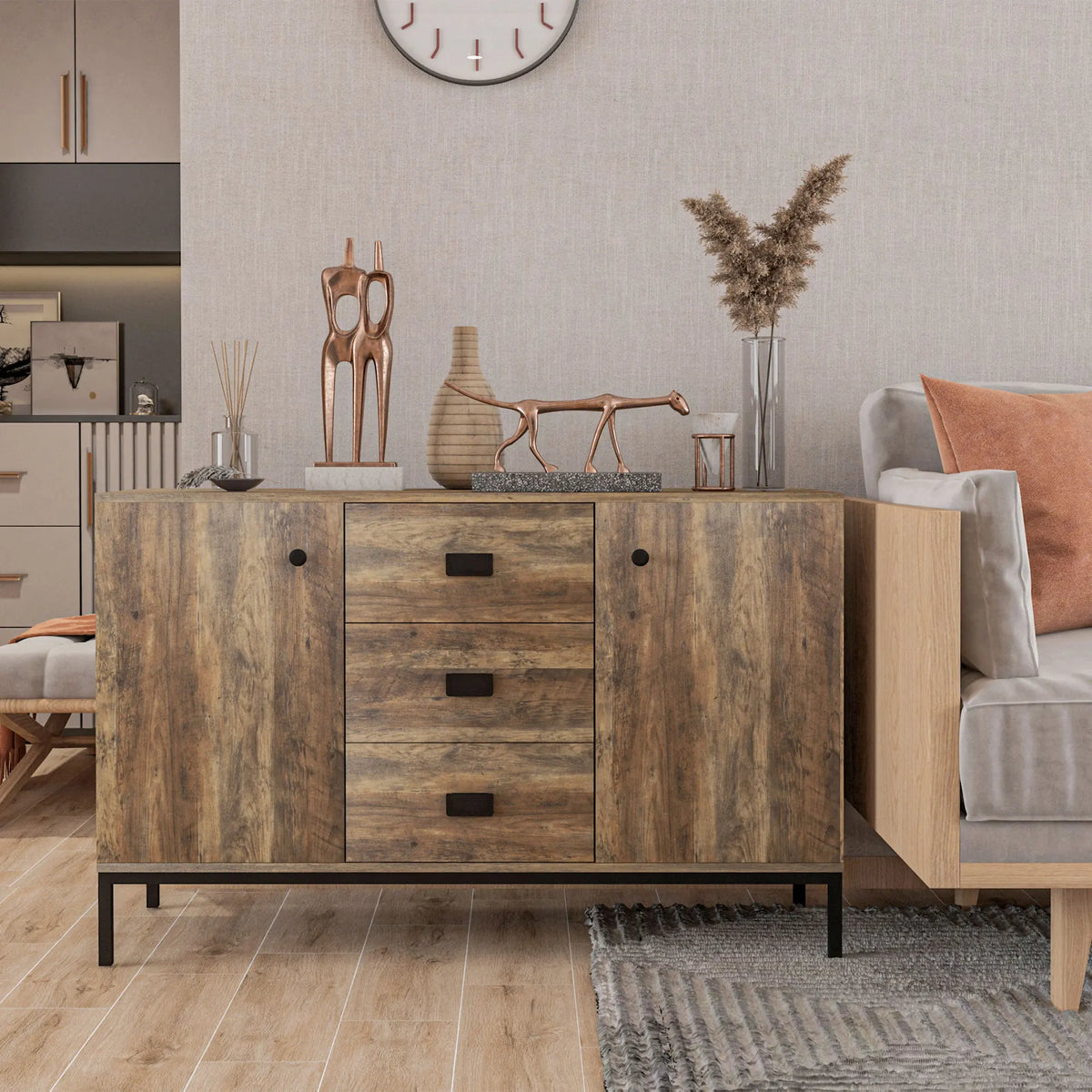 Industrial Sideboard, Storage Cabinet, Accent Cupboard, Distressed Brown