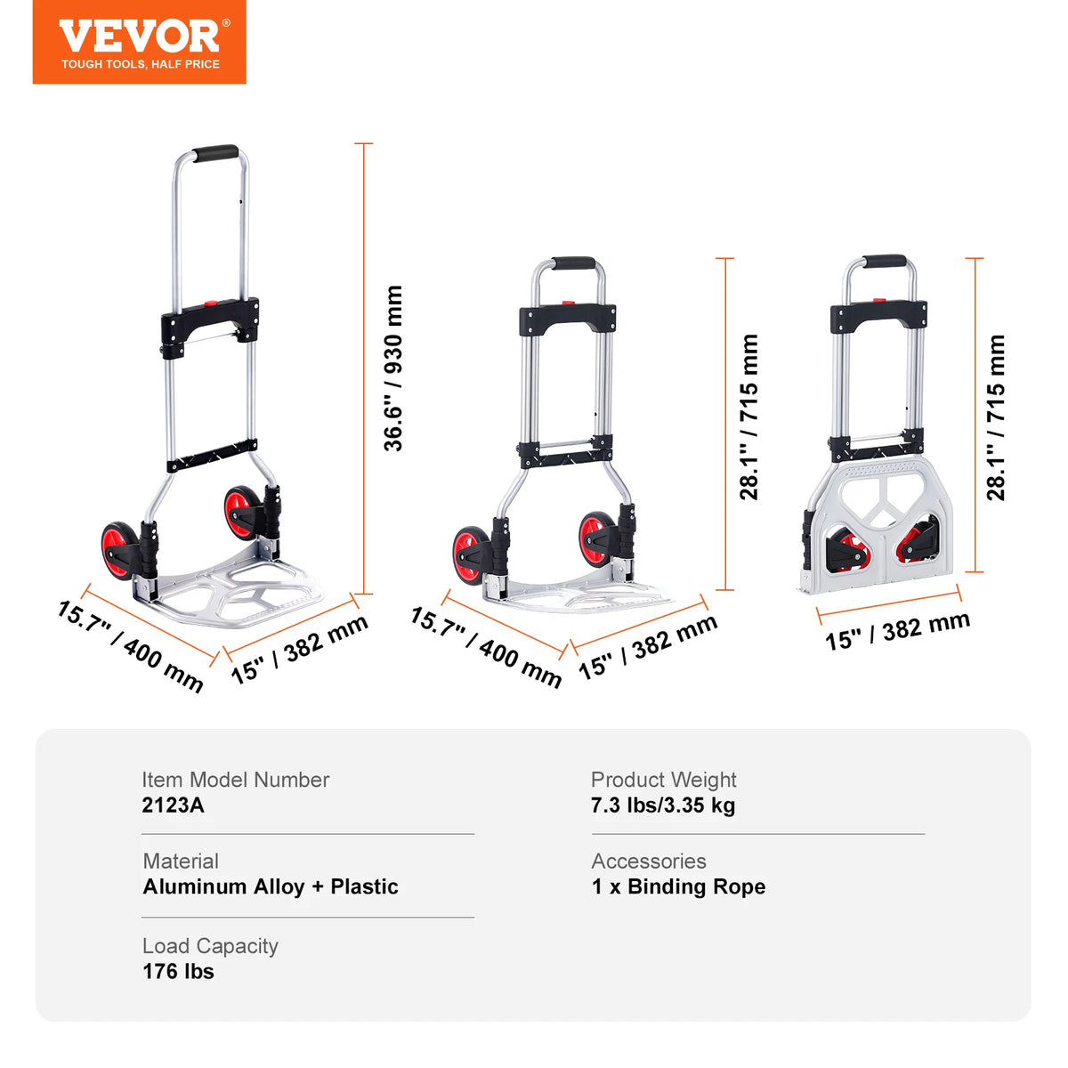 Folding Hand Truck Aluminium Portable Dolly Cart Telescoping Handle Binding Rope for Moving Warehouse