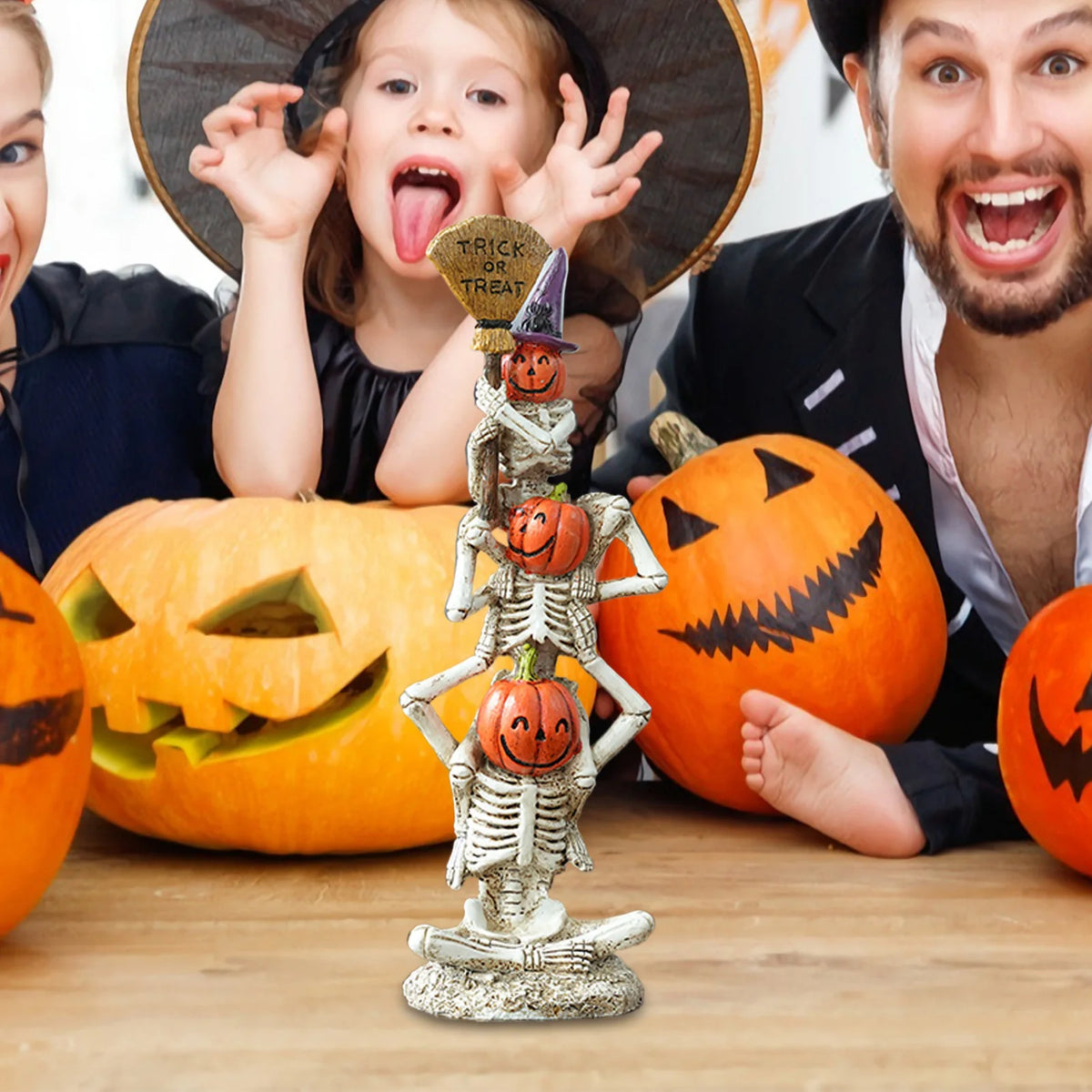 Halloween Skeleton with Stacked Pumpkins Resin Ornament, 32cm