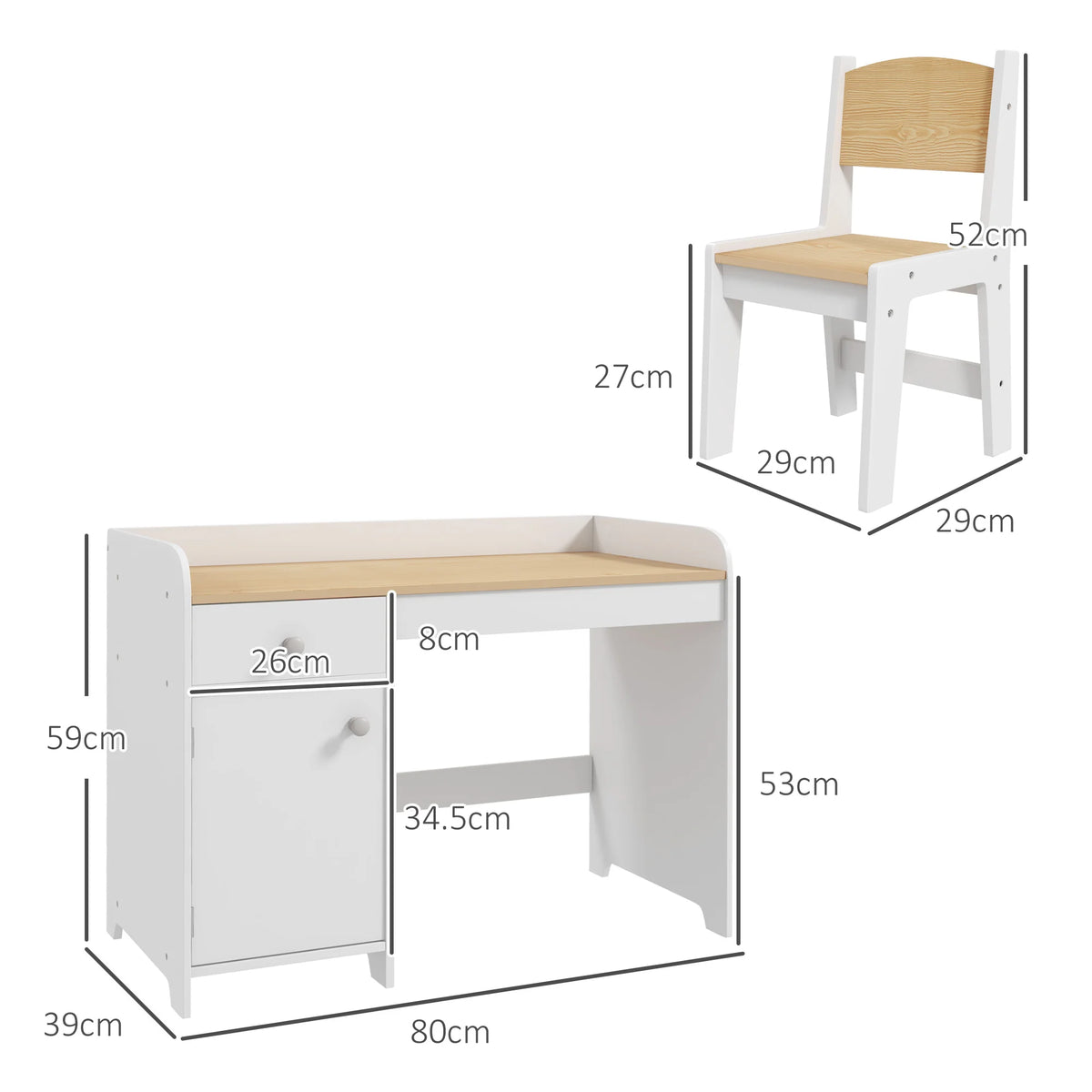 Kids Desk and Chair Set 80x39x59cm with Storage Drawer and Compartment MDF Rounded Edges Ages 3-6 White