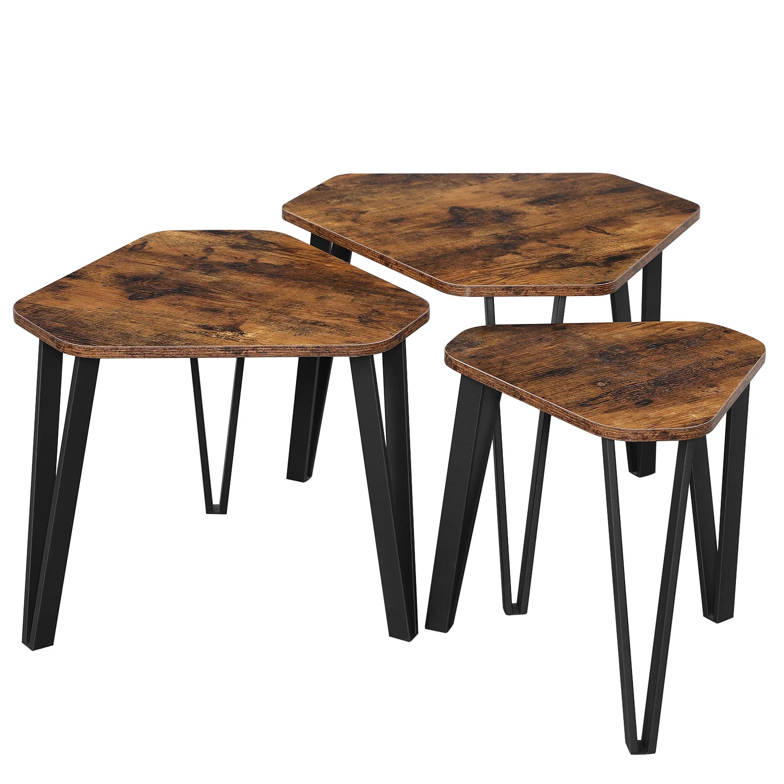 Set of 3 Nesting Coffee Tables Rustic Brown and Steel | Stackable Living Room Side Tables with Industrial Design