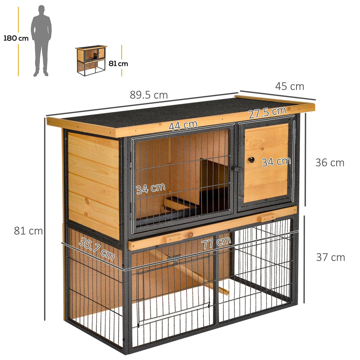 Elevated Rabbit Hutch 89.5x45x81cm Wood and Metal Pet House with Ramp Openable Roof and Run