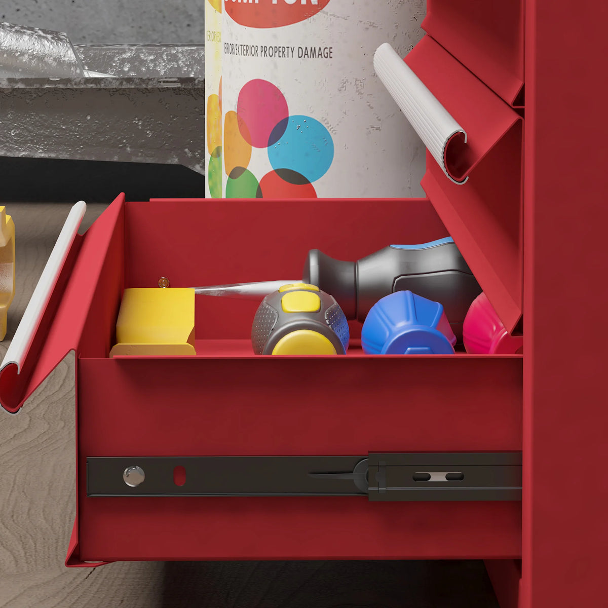 4 Drawer Steel Tool Chest with Ball Bearing Runners and Top Compartment, Red