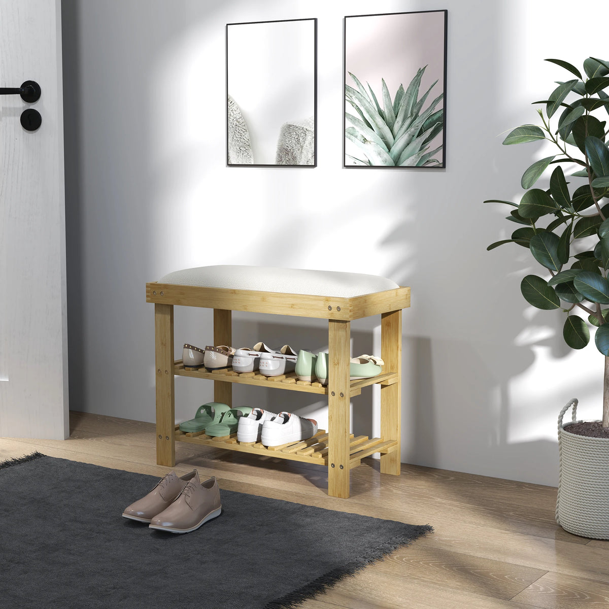 Bamboo Shoe Storage Bench 3 Tier with 4cm Linen Feel Cushion Holds 6 Pairs Entryway Seat Cream