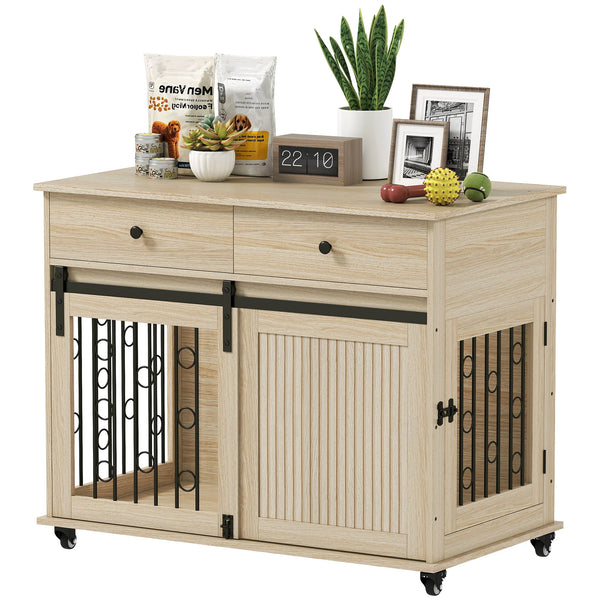 Dog Crate End Table with Sliding Barn Door, 2 Drawers and Wheels, Oak