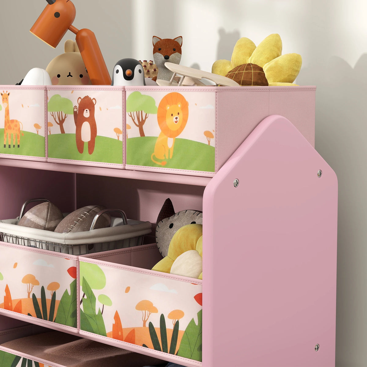 Kids Toy Storage Unit 3 Tier 63x30x66cm with 6 Removable Fabric Boxes MDF Rounded Edges Pink