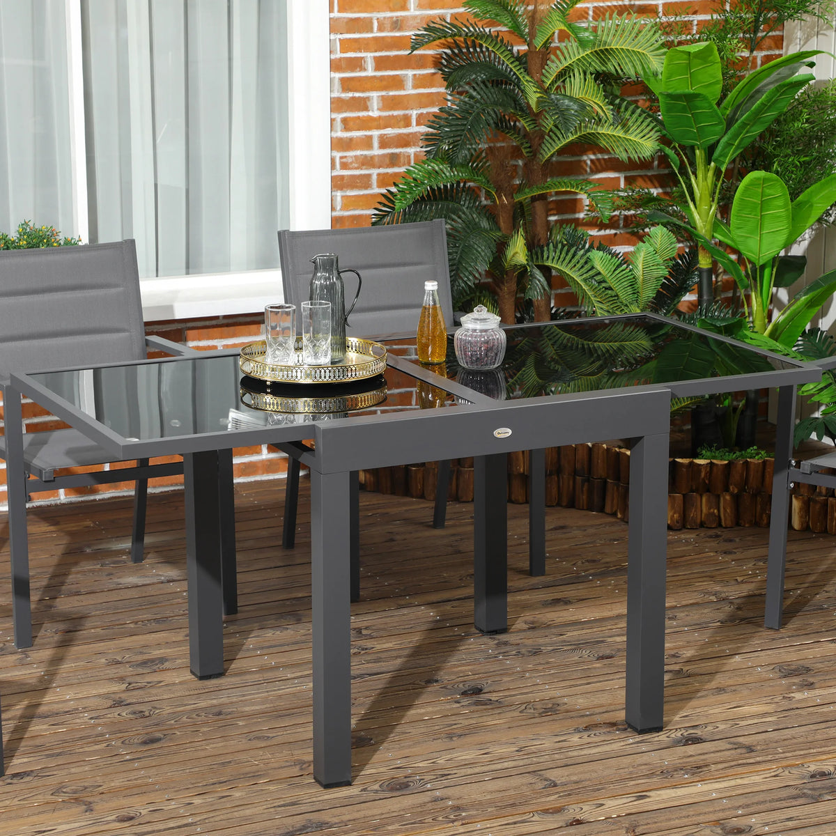 Extending Garden Table, Outdoor Dining Table with Aluminium Frame and Tempered Glass Tabletop