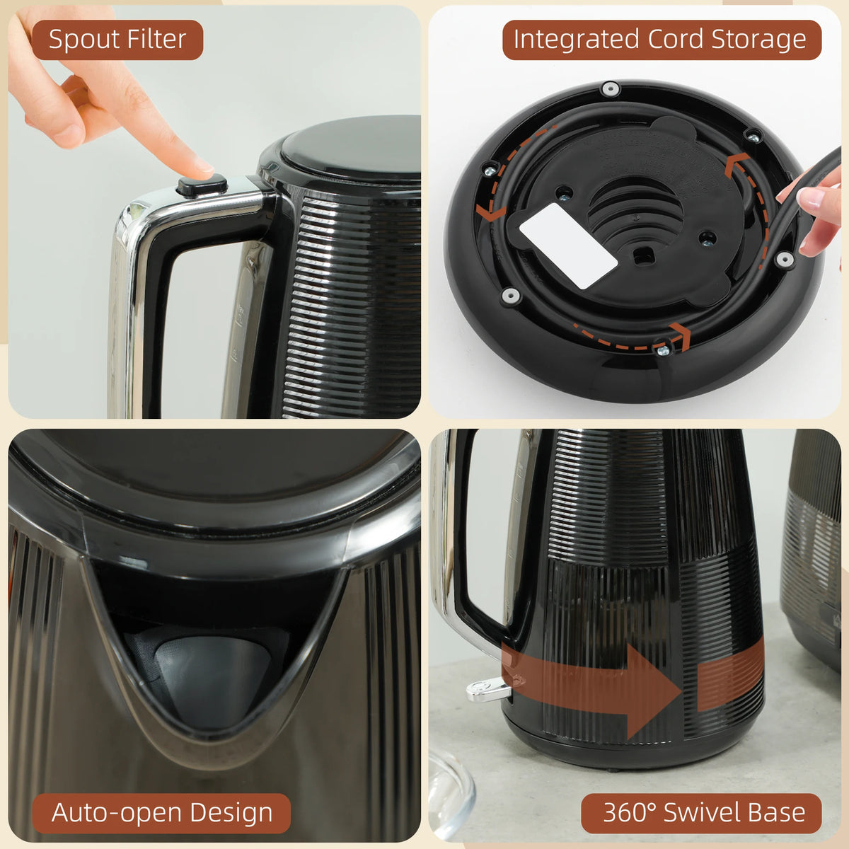 1.7L Fast Boil Kettle and 2 Slice Toaster Set with 7 Level Browning, Black