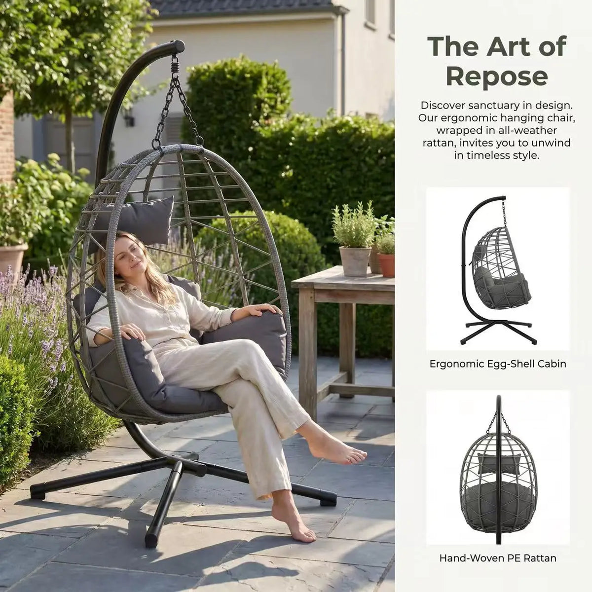 Outdoor Hanging Egg Chair with Stand, Waterproof Cushion & Rain Cover