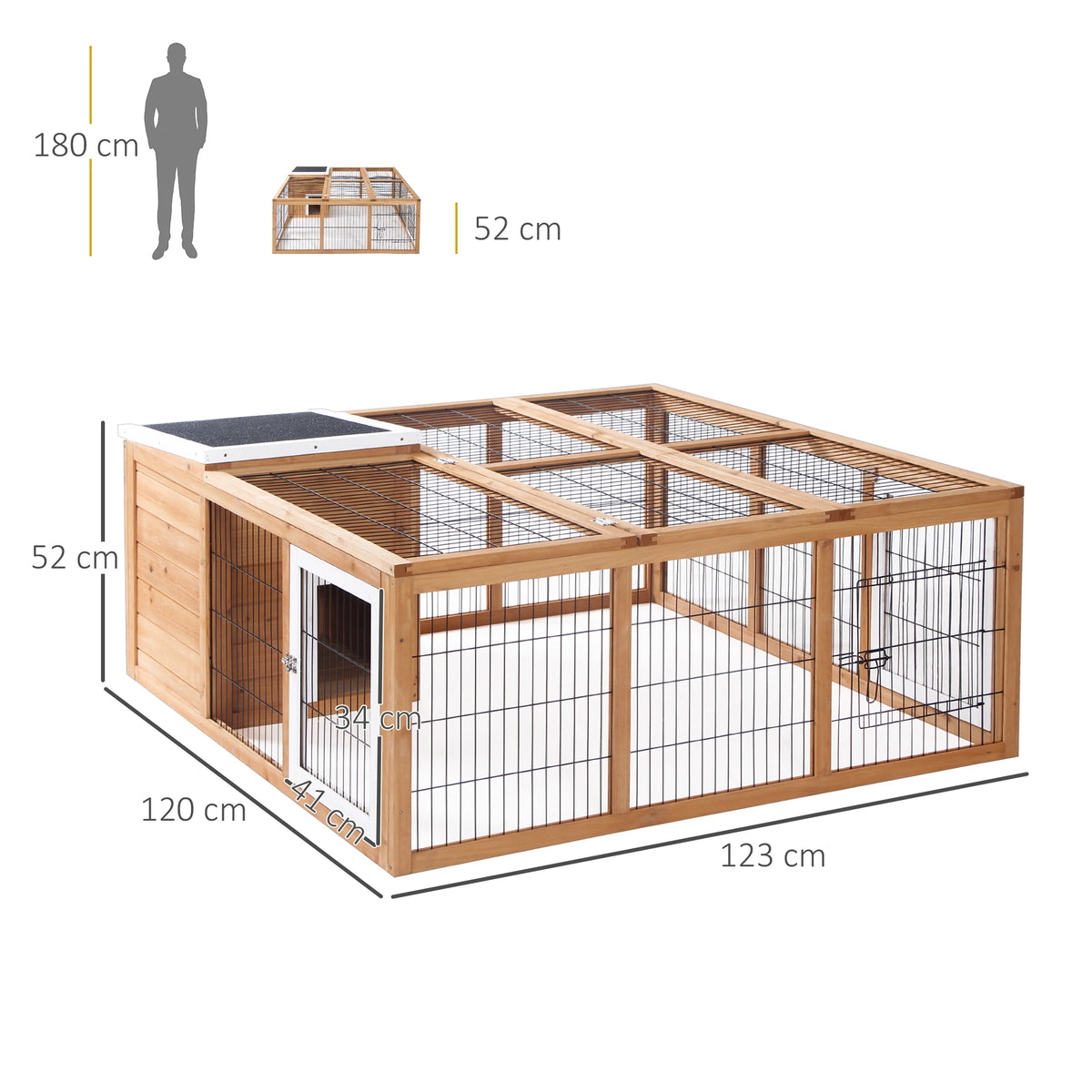 Rabbit Hutch with Openable Top 123cm Guinea Pig House Fir Wood Mesh Run Asphalt Roof Yellow