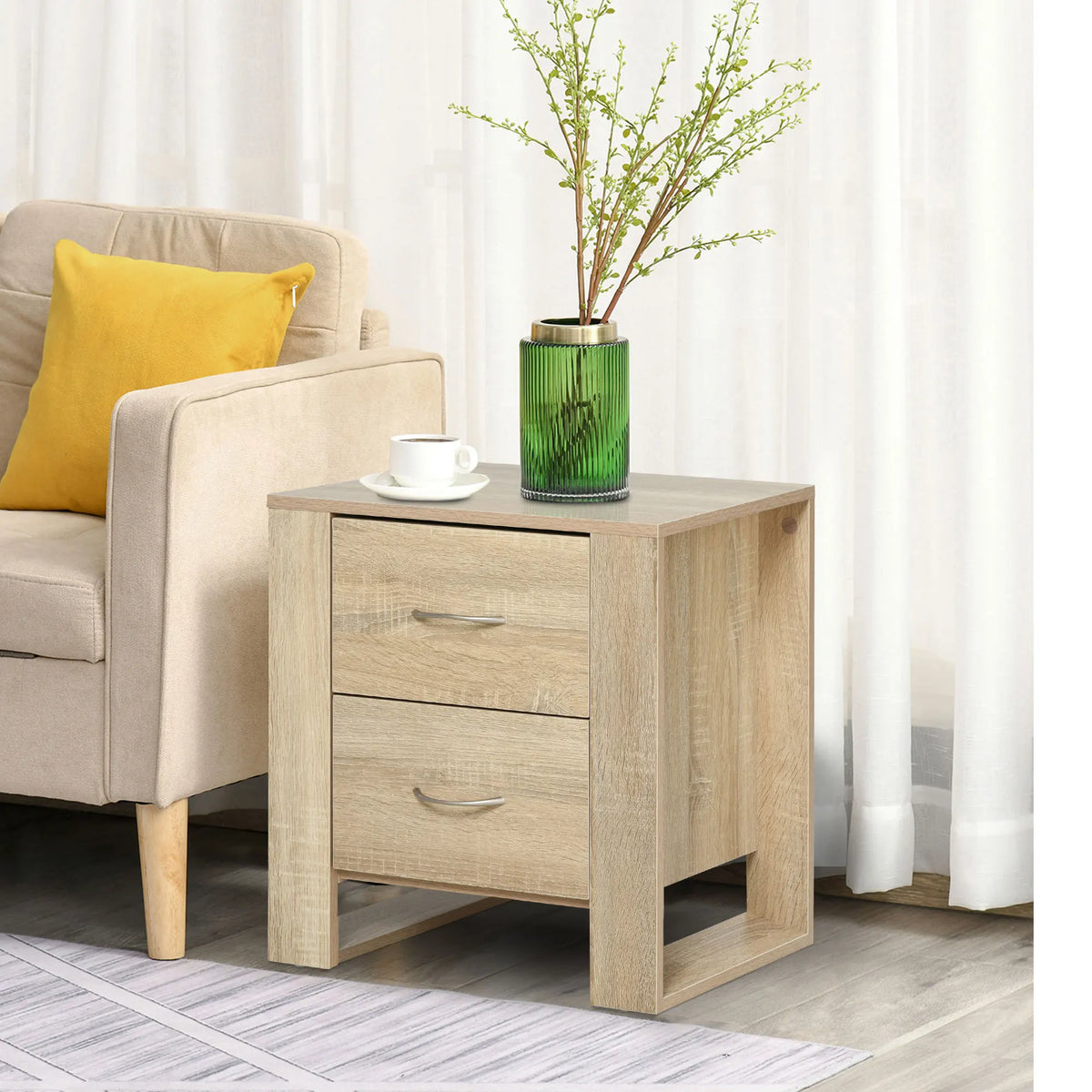 2 Drawer Boxy Bedside Table w/ Handles, Elevated Base, Oak Brown
