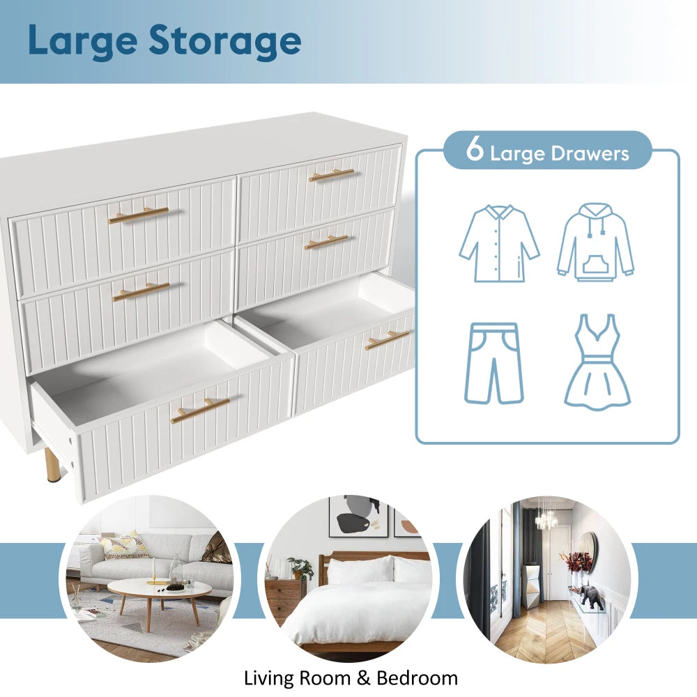 6 Drawer Sideboard Chest of Drawers 120x40x75cm White Particle Board Gold Handles Metal Base Living Room