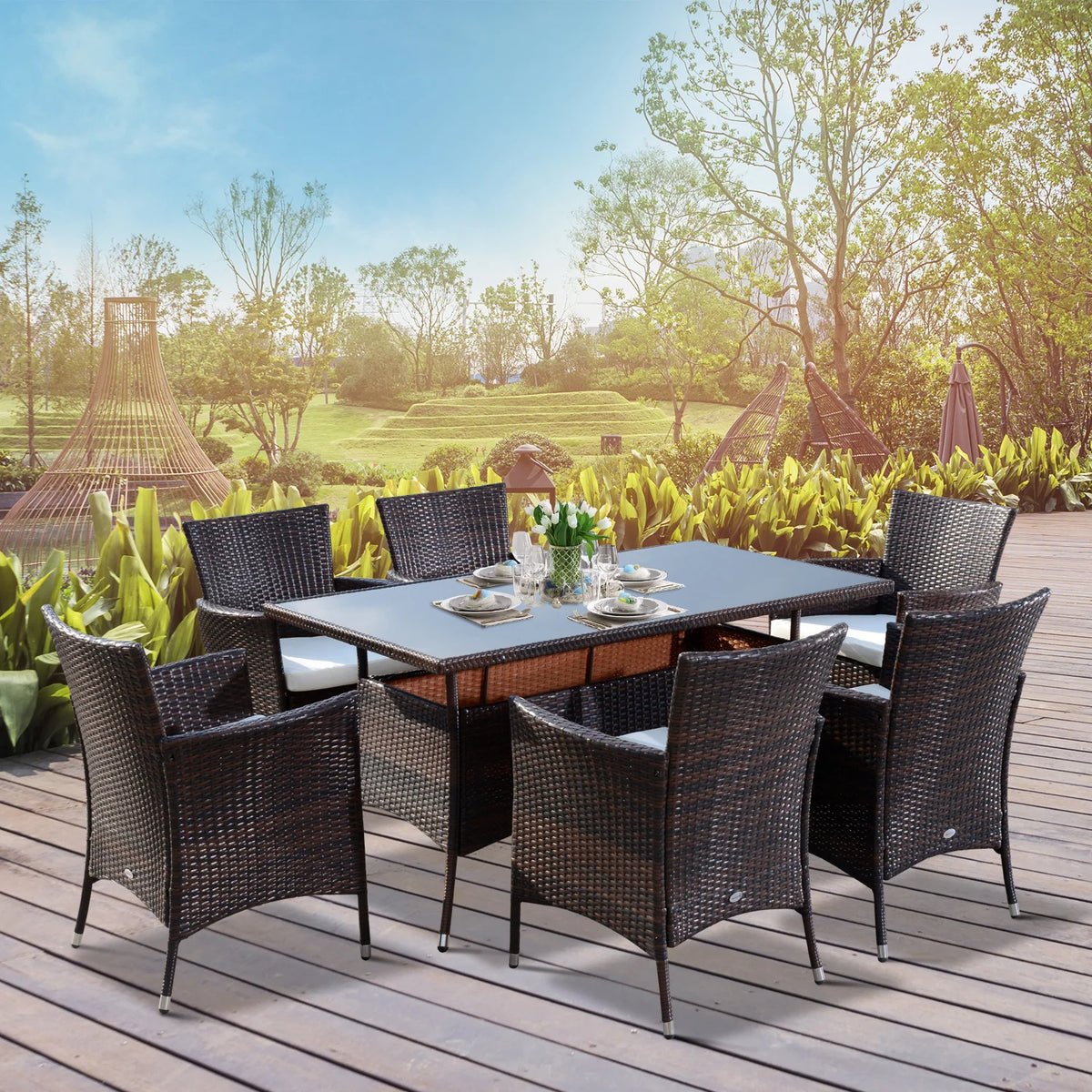 6 Seater Rattan Garden Dining Set, Rectangular Table & Cube Chairs, Grey