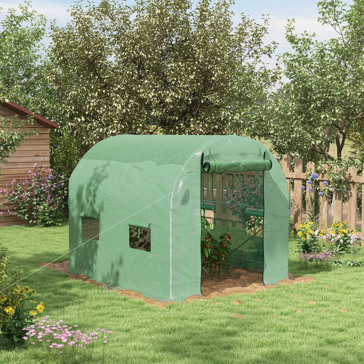 2.5 x 2m Walk-In Polytunnel Greenhouse, with Steel Frame, PE Cover, Roll-Up Door and 4 Windows, Green