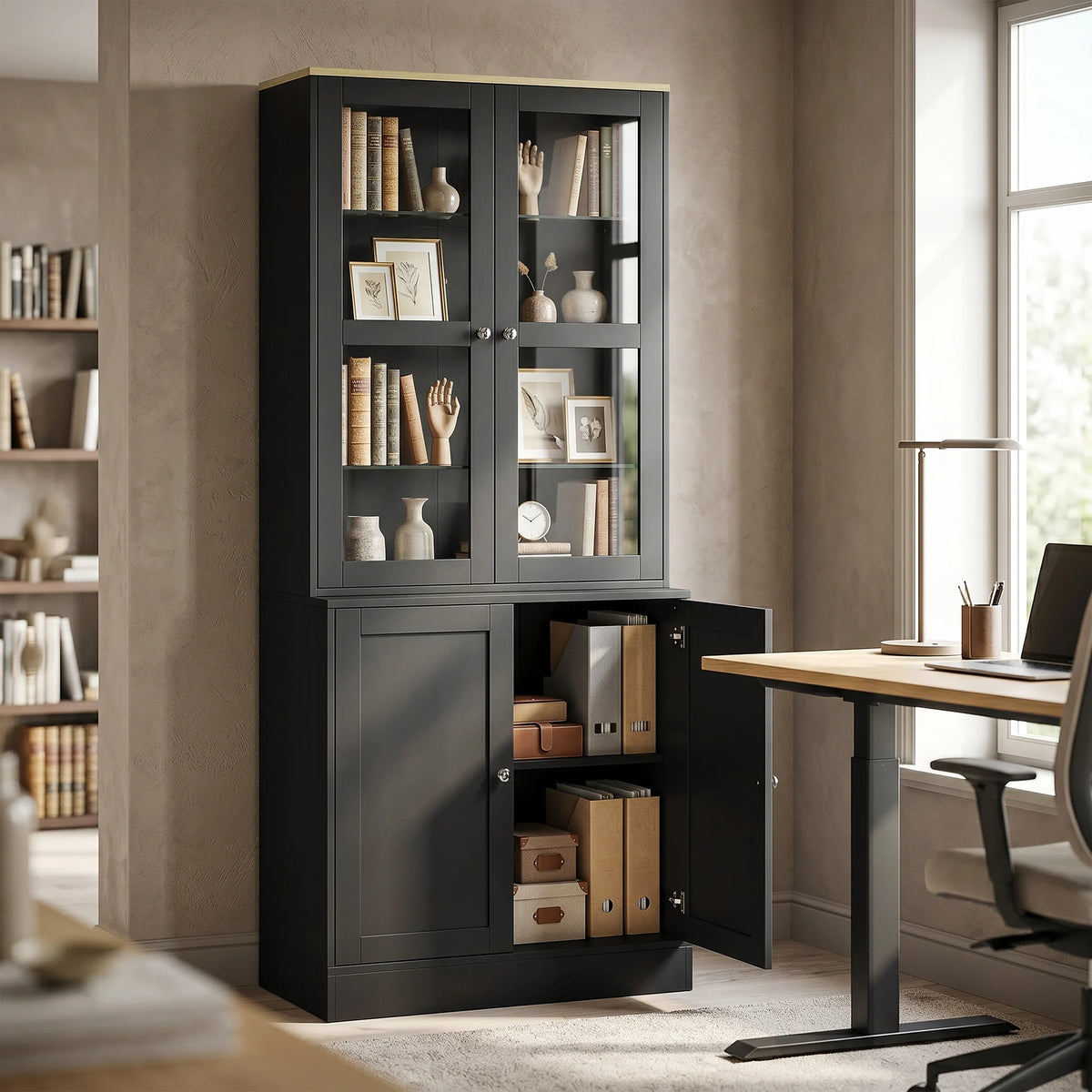 Bookcase Display Cabinet with Glass Doors and Adjustable Shelves, Black