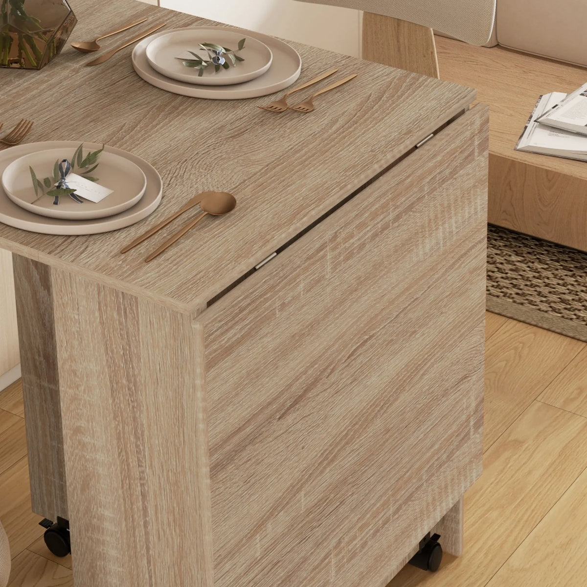 Mobile Drop Leaf Dining Table, Folding Table with 2 Wheels, Natural