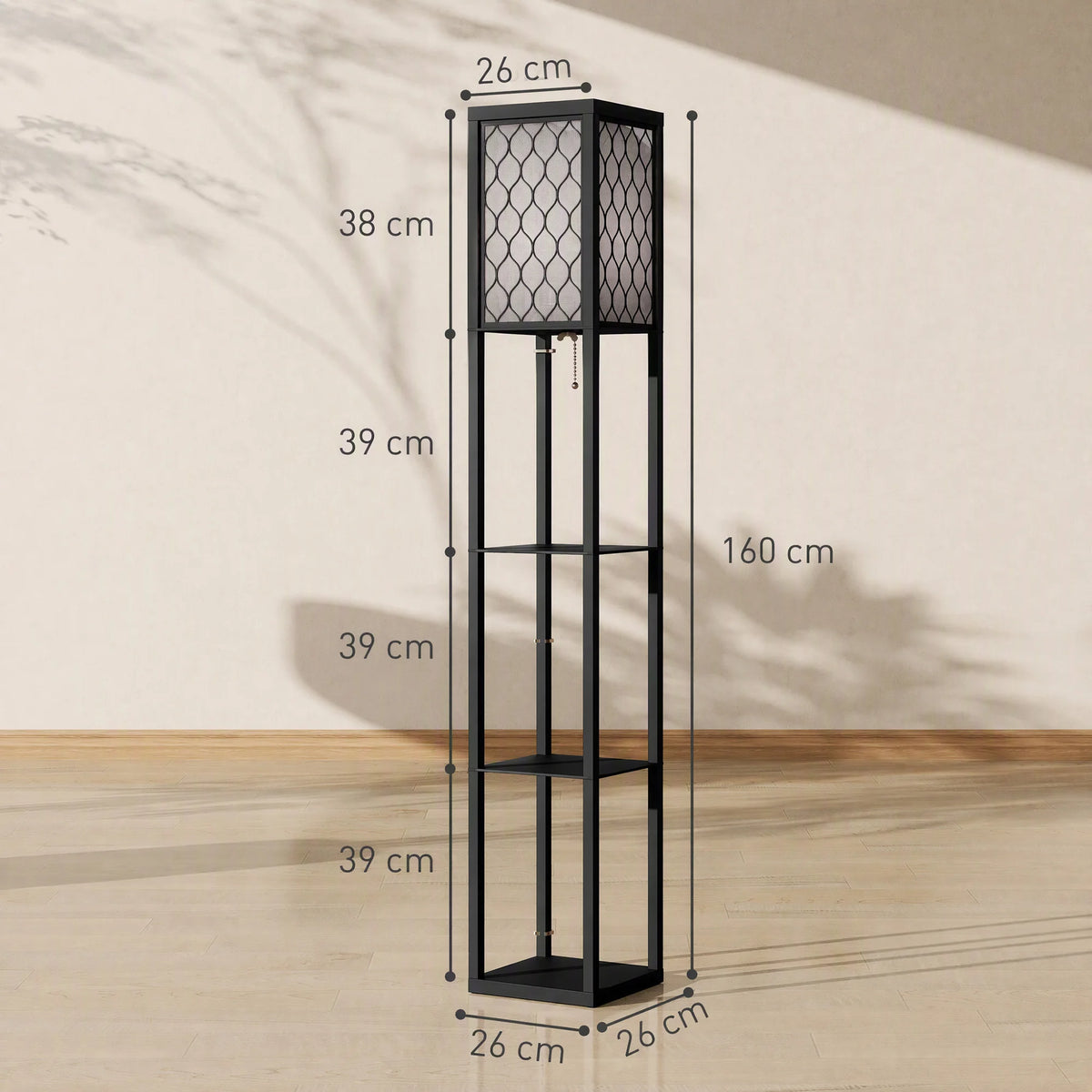 Floor Lamp with 3 Open Shelves, Corner Standing Light, Black