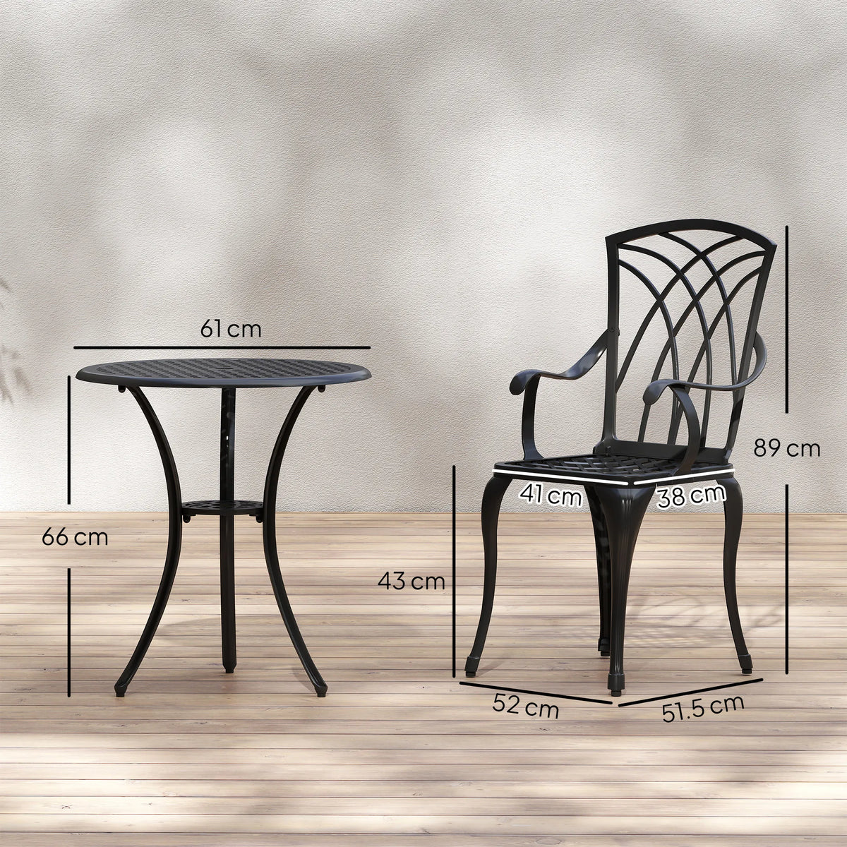 3 Piece Cast Aluminium Garden Dining Set for 2 with Parasol Hole, Table and 2 Chairs, Brown
