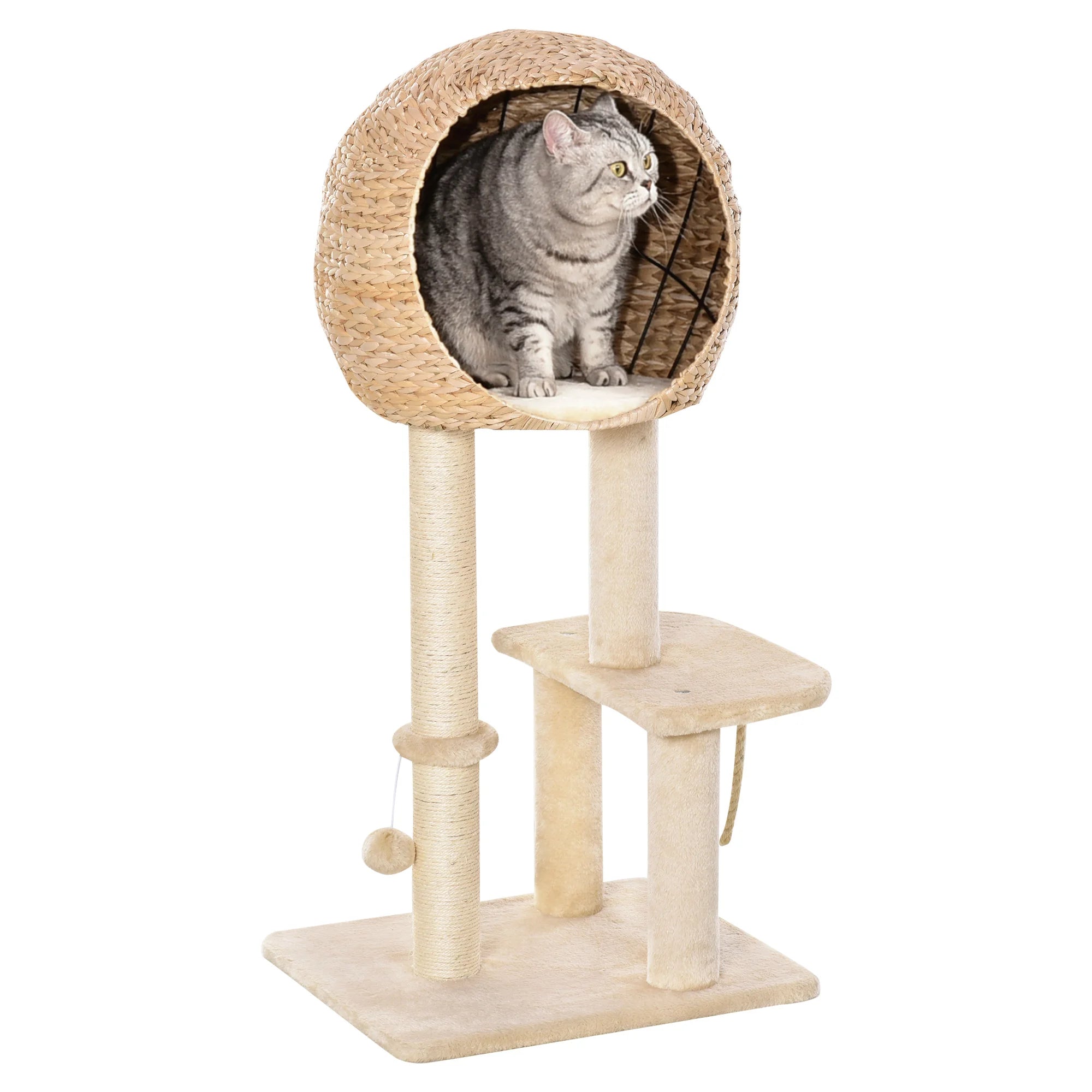 100cm Cat Tree Kitten Tower with Condo Perch Sisal Scratching Post 2 Toy Balls Cushion Beige Under 5kg