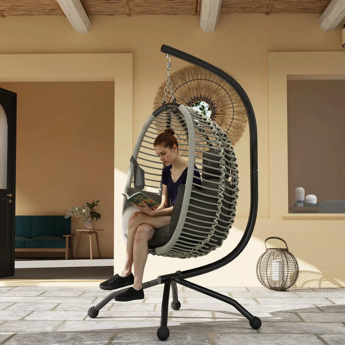 Hanging Egg Chair with Stand 110x100x188cm 20cm Cushion Cup Holders Foldable Basket Steel Dark Grey