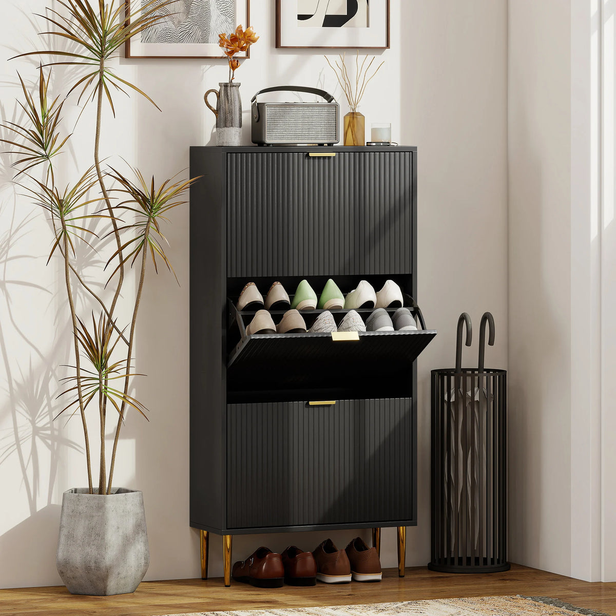 Narrow Shoe Cabinet with 3 Flip-Down Drawers and Adjustable Shelves, Black