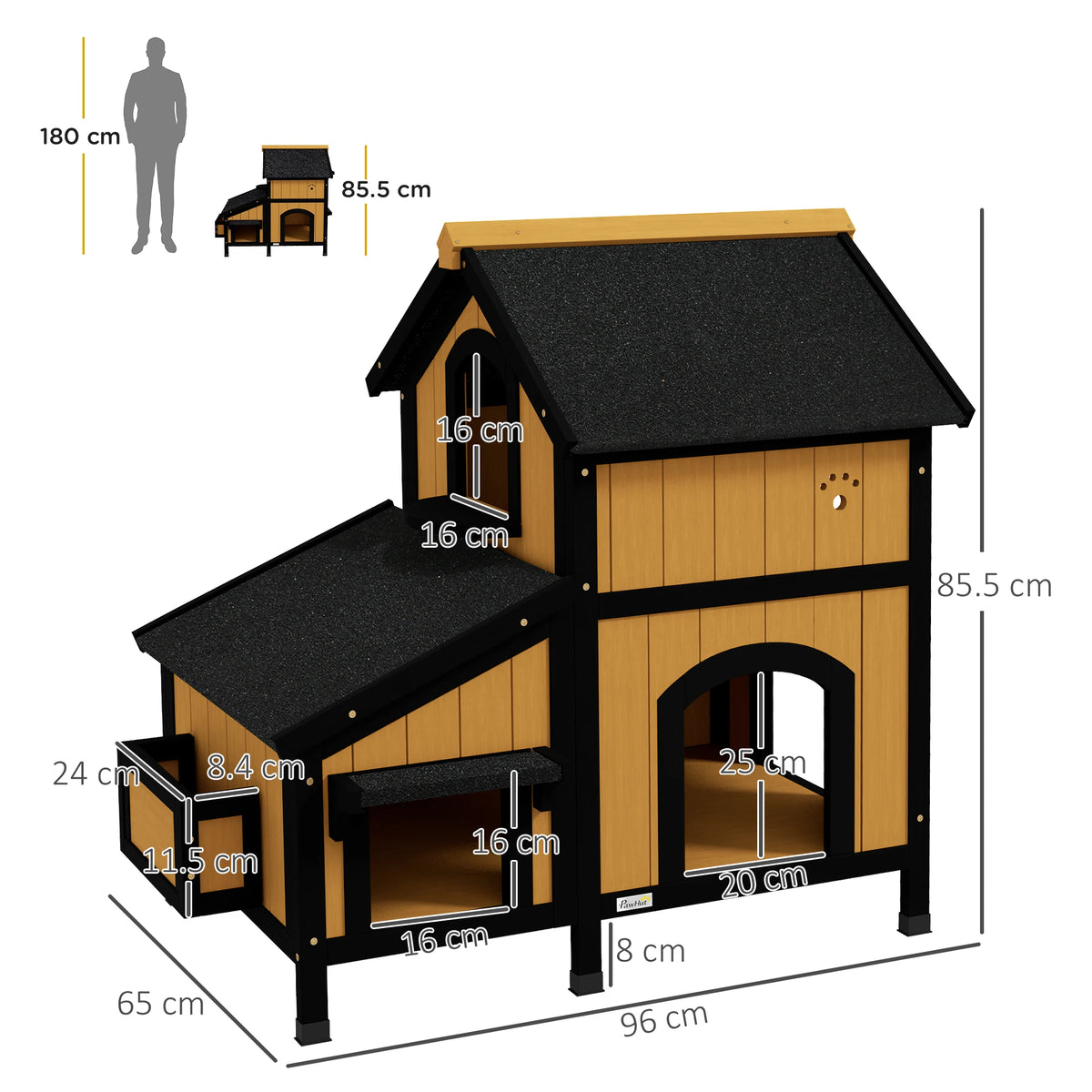 Wooden Outdoor Cat House with Flower Box, Windows and Multiple Entrances, Yellow