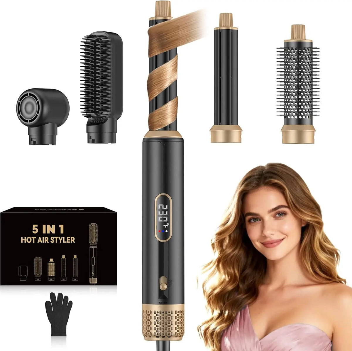 5 in 1 Hair Dryer Brush and Air Styler with Auto-Wrap Curlers, Straightening Brush and Oval Brush