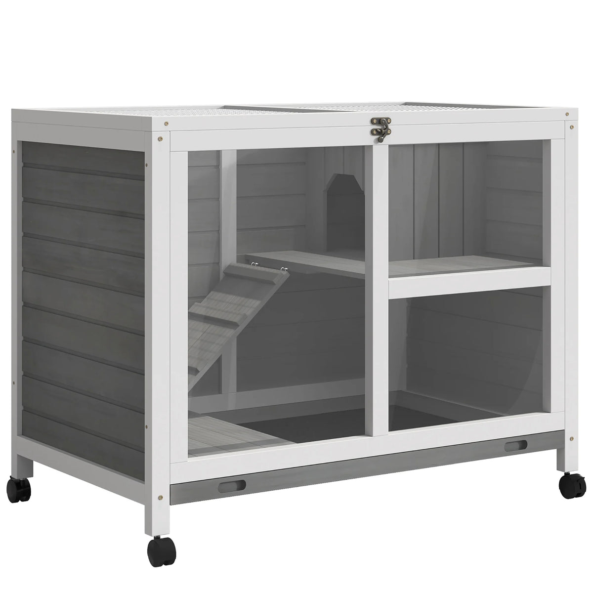 Indoor Wooden Rabbit Hutch 2 Floor Bunny Cage with Ramp Openable Top Latched Door and Wheels