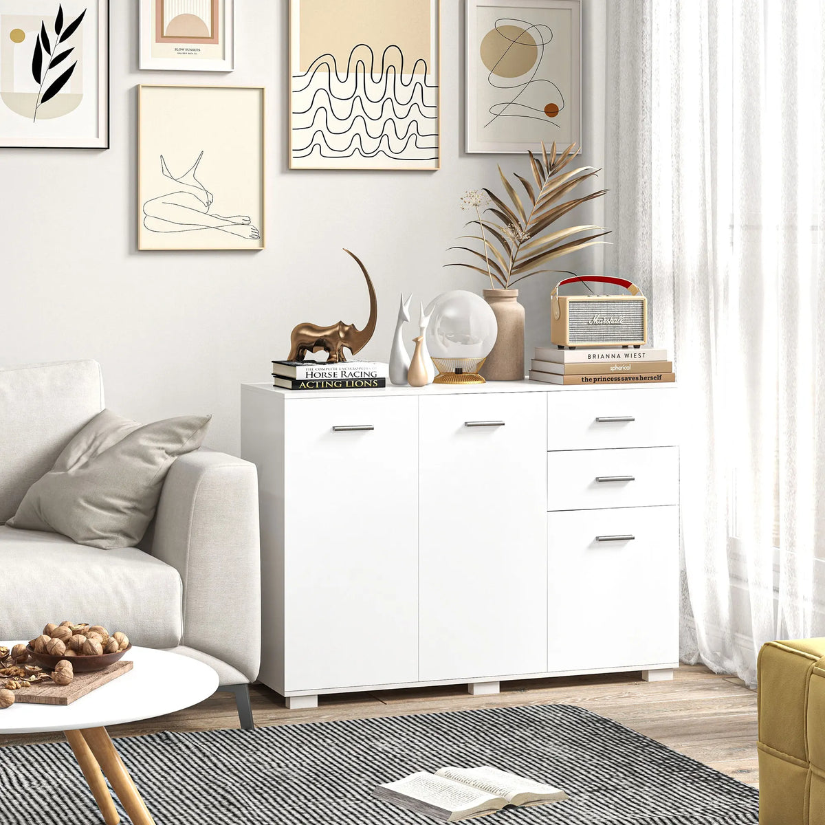 Modern Sideboard Kitchen Storage Cabinet with 2 Drawers, White