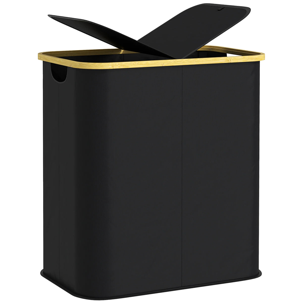 Collapsible Laundry Hamper 80L with 2 Compartments and Lids Bamboo Frame 54x34x58.5cm Black