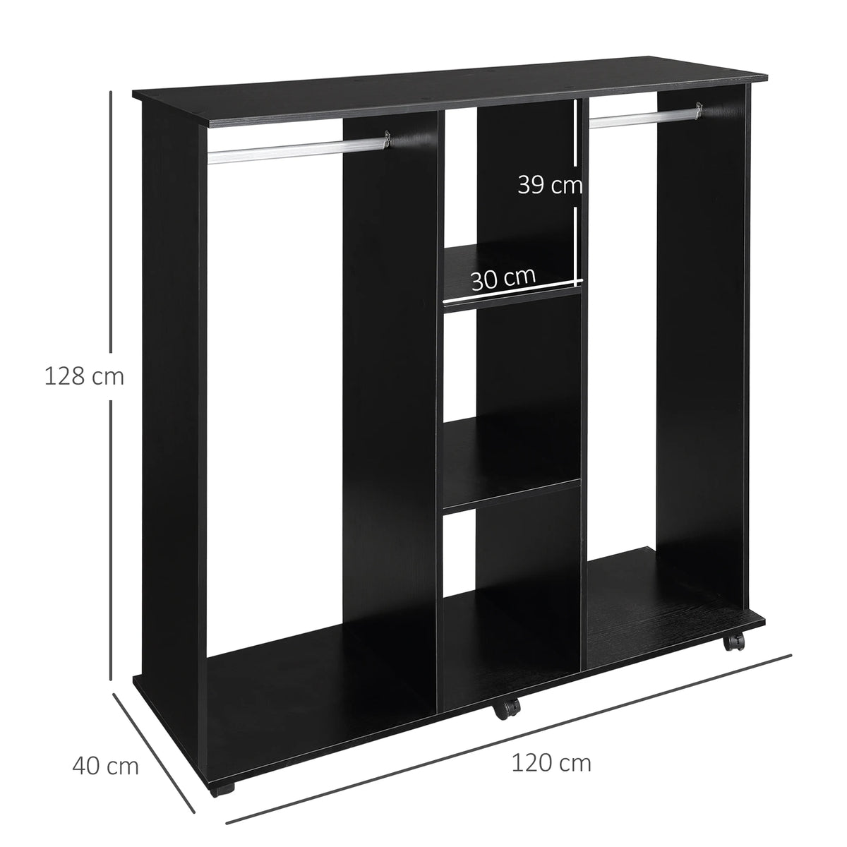 Mobile Open Wardrobe with Two Hanging Rails, Three Shelves and Wheels